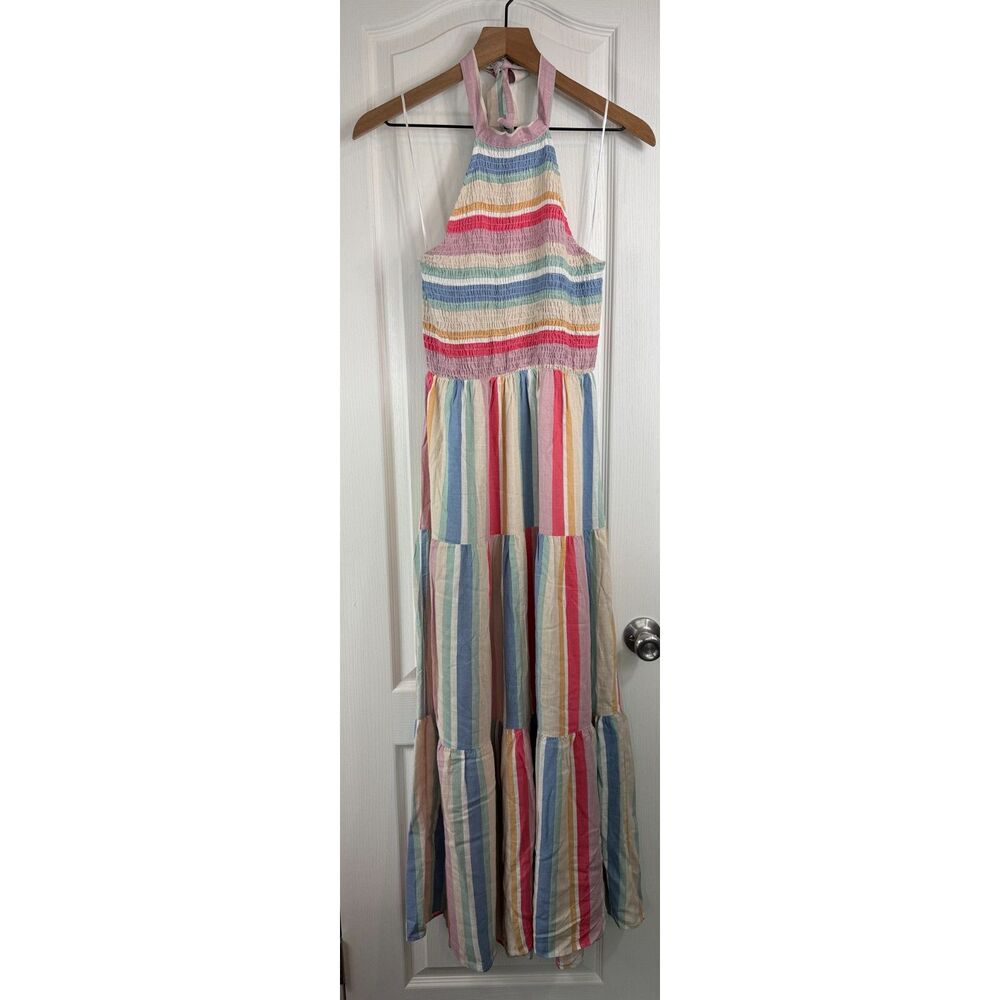 Pink Lily Women’s Small Rainbow Stripe Halter Maxi Dress Smocked Tiered Linen